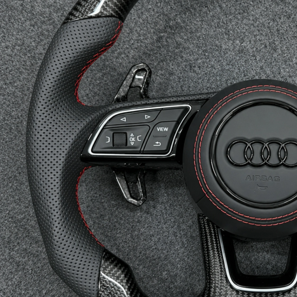 Black Perforated Leather Grip Red Stitching Audi Steering Wheel A4 A5 JIONX