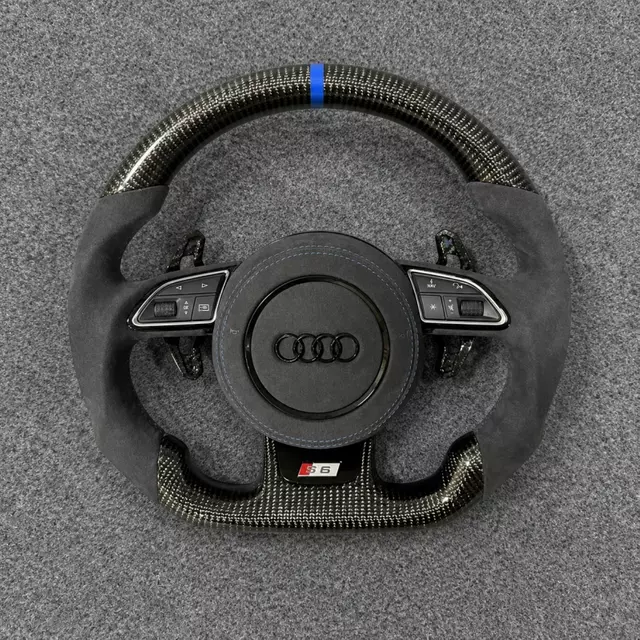 Gloss carbon fiber Audi S6 flat steering wheel with Alcantara grips, blue 12 o'clock center mark and blue contrast stitching JIONX