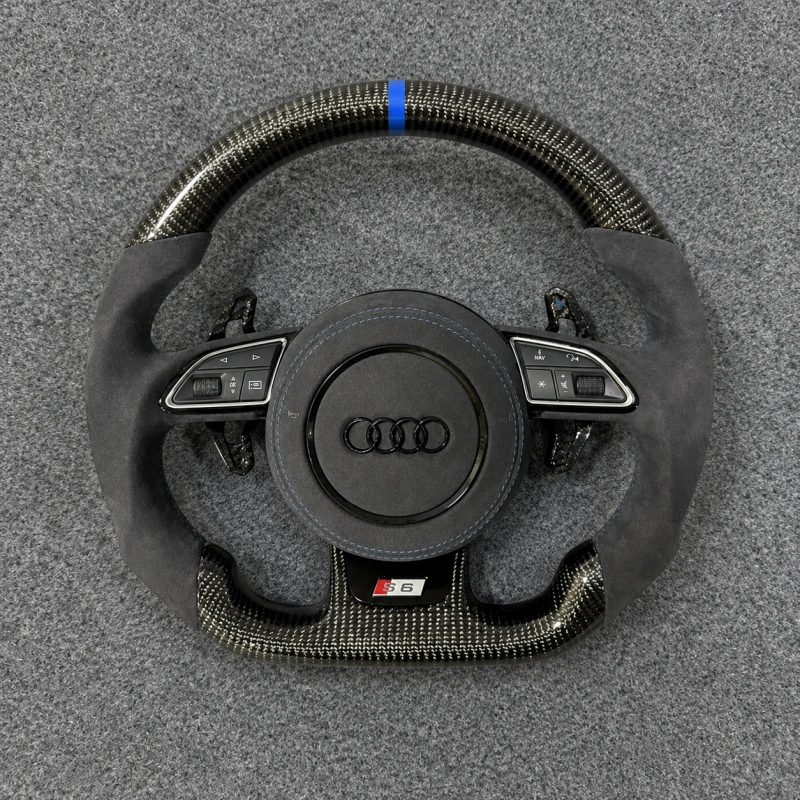 Gloss carbon fiber Audi S6 flat steering wheel with Alcantara grips, blue 12 o'clock center mark and blue contrast stitching JIONX