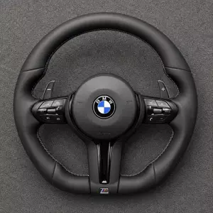 Custom BMW M5 and 5 Series Nappa leather steering wheel with M stitching, black lower spoke and paddle shifters