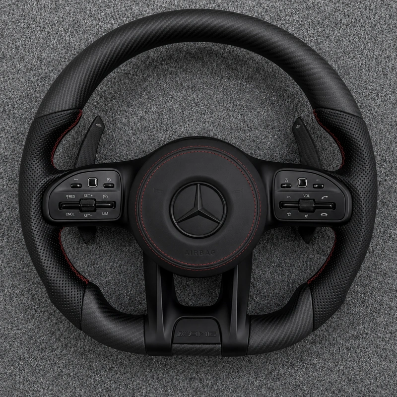 Custom AMG Racing Steering Wheel Black Perforated Leather for Mercedes Benz CLA GLC GLB GLS GLE W118 W204 W205 W212 W213 W221 W222 E63 E63S E63 S63 C63 CLS63 G63