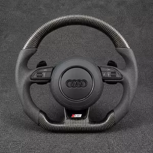 Audi A4 A5 B8 custom carbon fiber flat-bottom steering wheel with black perforated Nappa leather and gray stitching
