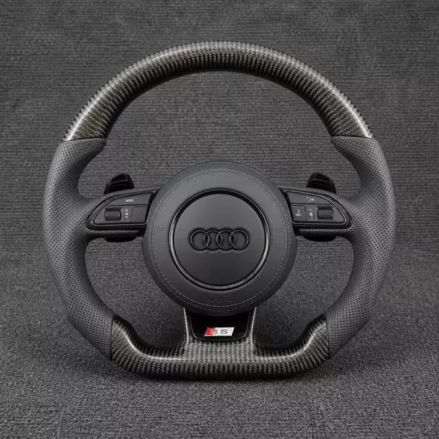 Audi A4 A5 B8 custom carbon fiber flat-bottom steering wheel with black perforated Nappa leather and gray stitching