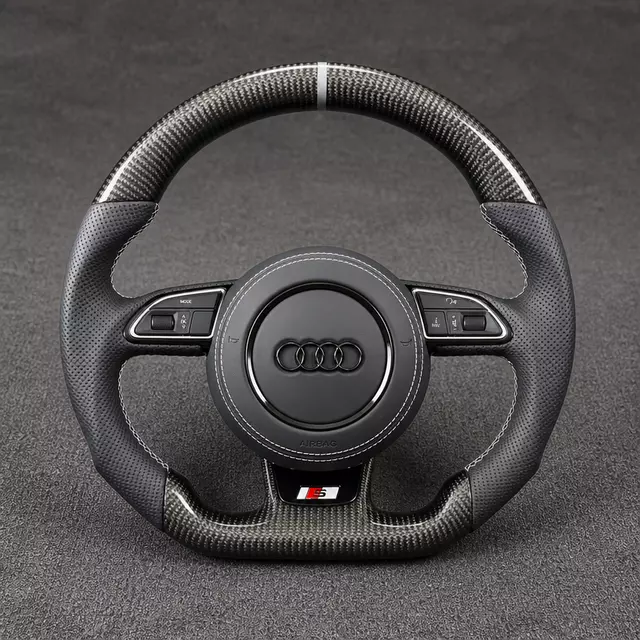 Custom Audi A6 A7 carbon fiber flat-bottom wheel with black perforated Nappa leather, white stitching and center stripe