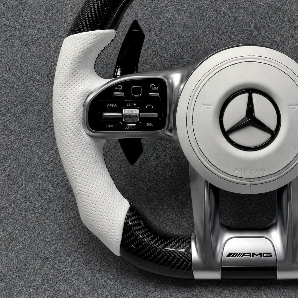 Mercedes Benz AMG Custom Steering Wheel Carbon Fiber White Perforated Leather for W205 W213 W222 C63 E63 S63 G63