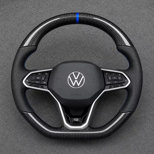 Volkswagen Golf MK8 GTI Golf R custom carbon fiber flat bottom steering wheel with blue center stripe