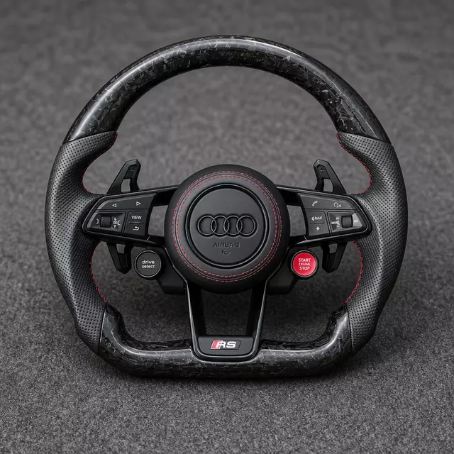 Audi A8/A8L/S8 forged carbon perforated Nappa leather wheel with red stitching, RS buttons and paddles