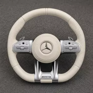 Mercedes C E GLC GLE AMG-style beige Nappa leather flat-bottom wheel with perforated grips, silver trim and paddles