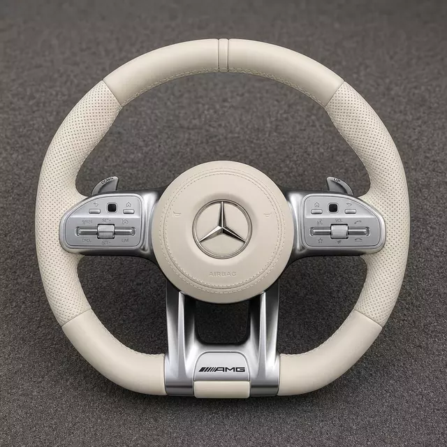 Mercedes C E GLC GLE AMG-style beige Nappa leather flat-bottom wheel with perforated grips, silver trim and paddles