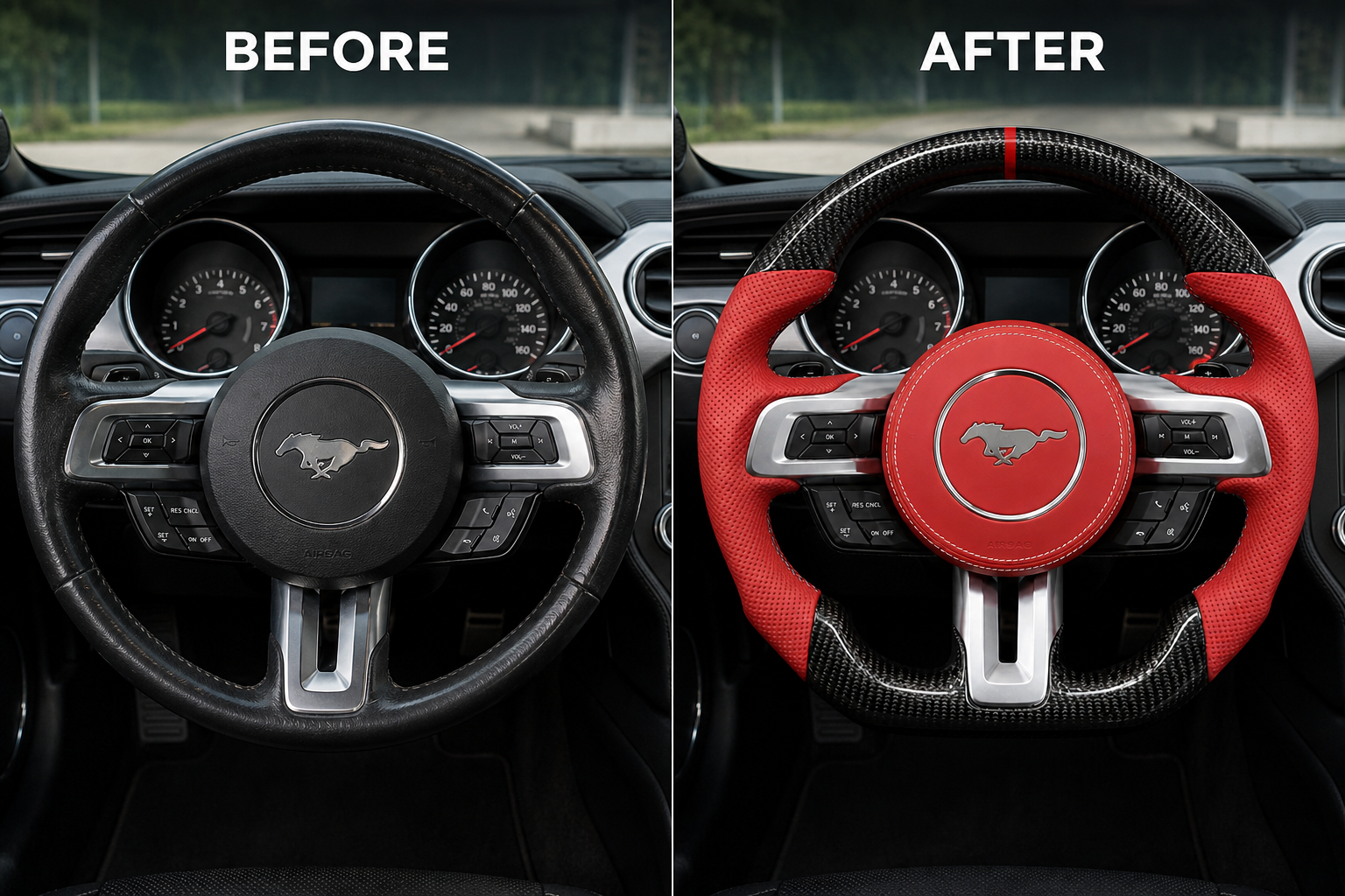 Before and after Ford Mustang S550 custom flat bottom steering wheel replacement in perforated Nappa leather and carbon fiber