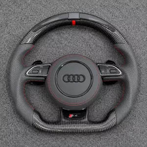 Studio shot Audi S4 B8 B8.5 D shape carbon steering wheel, full gray perforated leather, uniform red stitching and top center red marker stripe