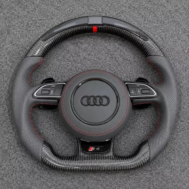 Studio shot Audi S4 B8 B8.5 D shape carbon steering wheel, full gray perforated leather, uniform red stitching and top center red marker stripe