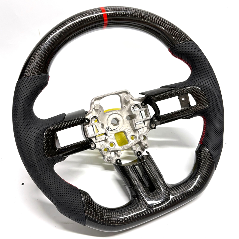 Ford Mustang S550 Carbon Fiber Steering Wheel with Alcantara Grip Nappa Leather LED RPM Display Flat Bottom Racing