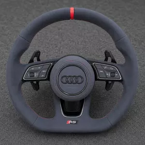 Custom Audi A4 A5 full Alcantara flat-bottom steering wheel with red stitching, center stripe and extended paddles