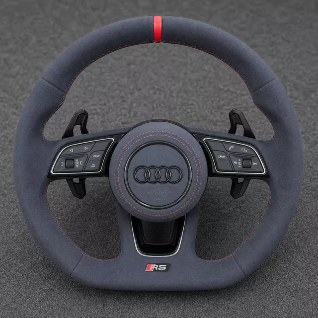 Custom Audi A4 A5 full Alcantara flat-bottom steering wheel with red stitching, center stripe and extended paddles