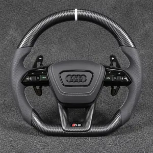 Audi A8 carbon fiber flat-bottom wheel with gray Nappa leather, white center stripe and paddles