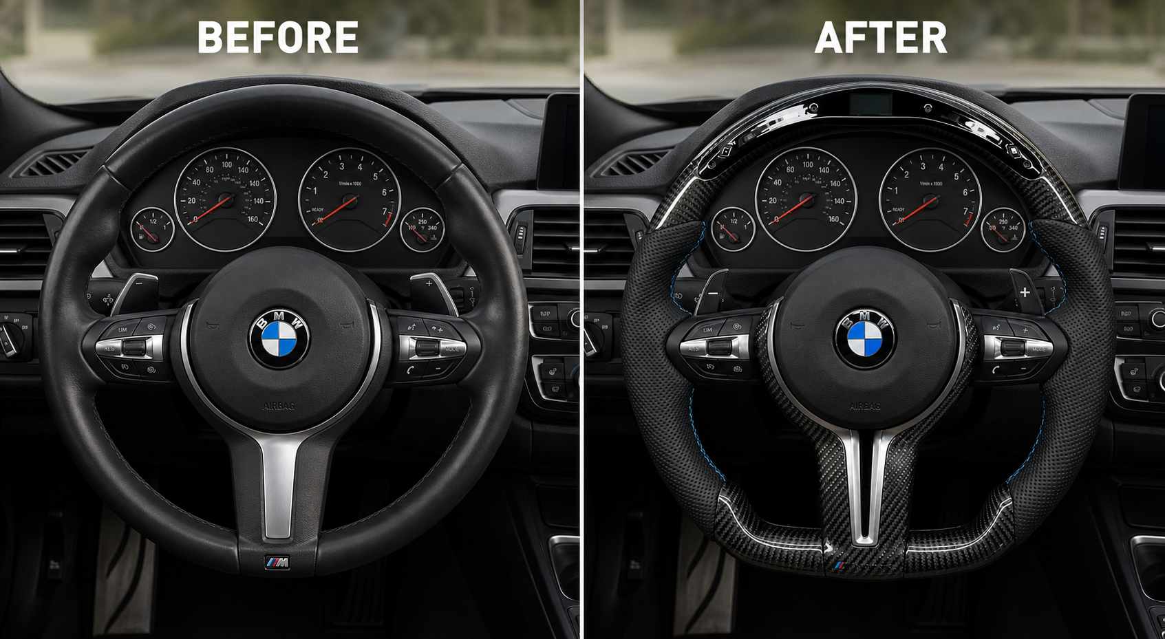 Before-and-after comparison of the BMW F30 M Sport factory steering wheel and an LED carbon fiber flat-bottom upgrade