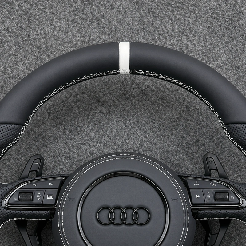 White Top Marker And White Stitching Detail On Custom Flat Bottom Steering Wheel For Audi A3 A4 A5 A6 A7 JIONX