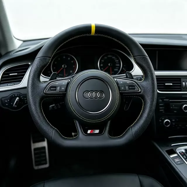 Installed JIONX steering wheel for Audi A4 A5 B8, perforated leather, yellow stitching & top center marker