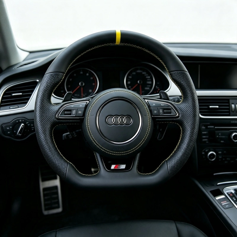 Installed JIONX steering wheel for Audi A4 A5 B8, perforated leather, yellow stitching & top center marker