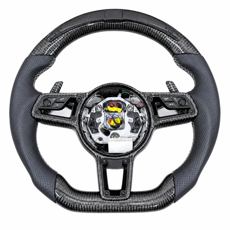 Custom genuine leather and carbon fiber steering wheel with LED indicators suitable for Porsche Macan Cayenne Panamera 911 and other models