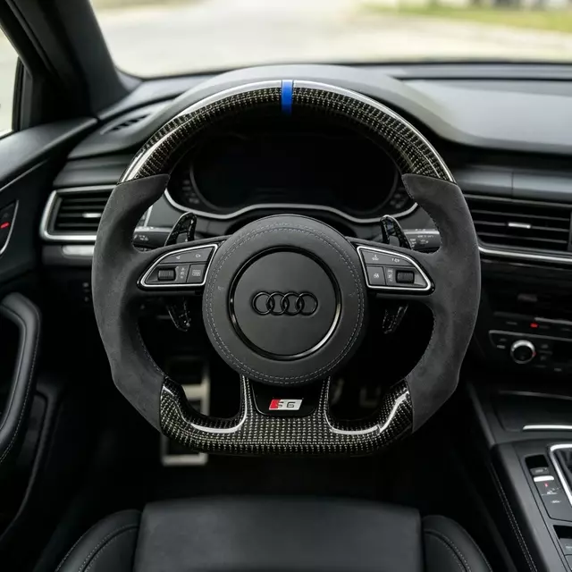 Installed Audi S6 carbon Alcantara steering wheel with blue center mark and stitching JIONX