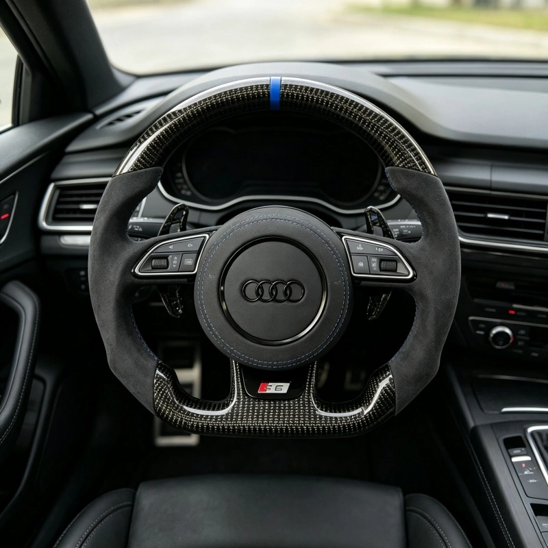 Installed Audi S6 carbon Alcantara steering wheel with blue center mark and stitching JIONX