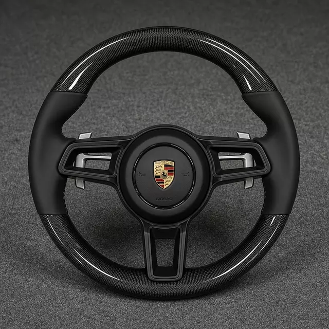 Porsche Panamera 970 971 972 custom carbon fiber and black leather steering wheel
