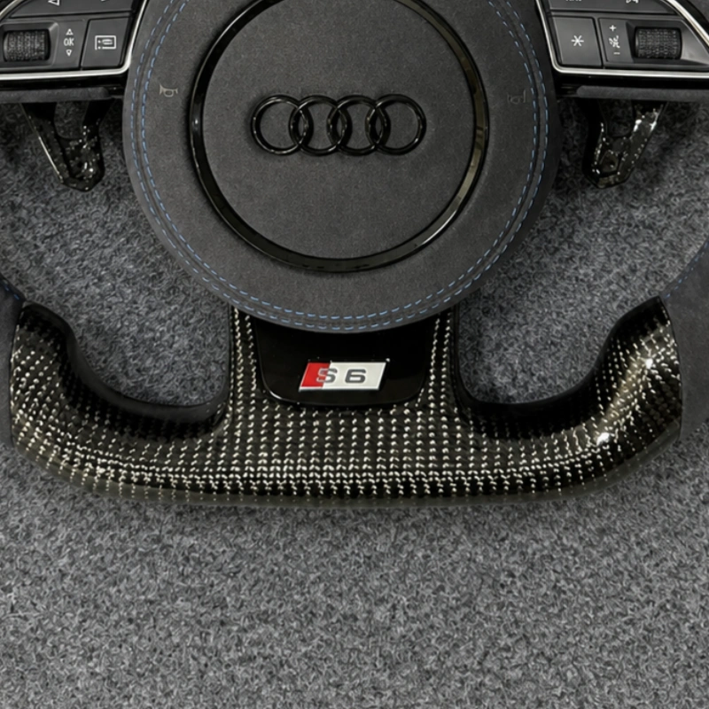 S Series S6 Badge Detail On Custom Carbon Alcantara Audi Steering Wheel JIONX