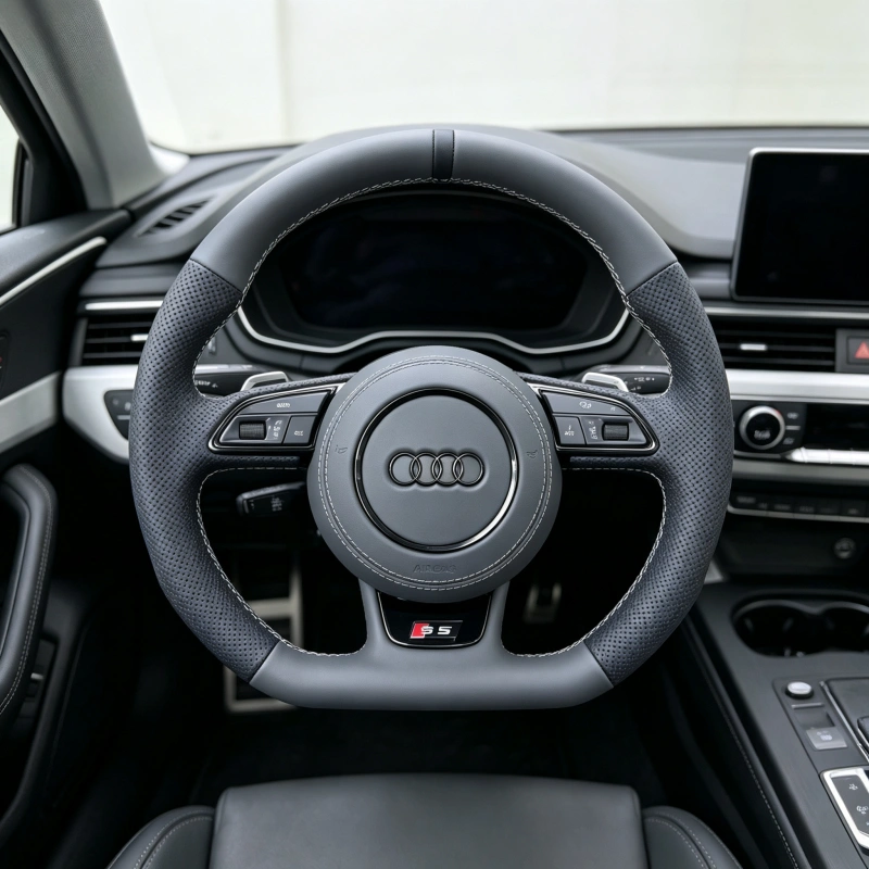 Grey nappa flat steering wheel installed on Audi cockpit silver stitch JION