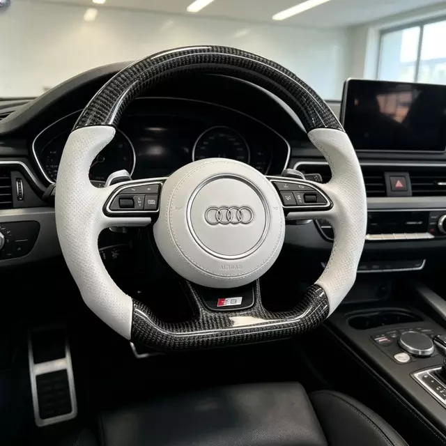 Real car installed two tone gloss carbon flat bottom white leather steering wheel sport mod for Audi A Q S RS models