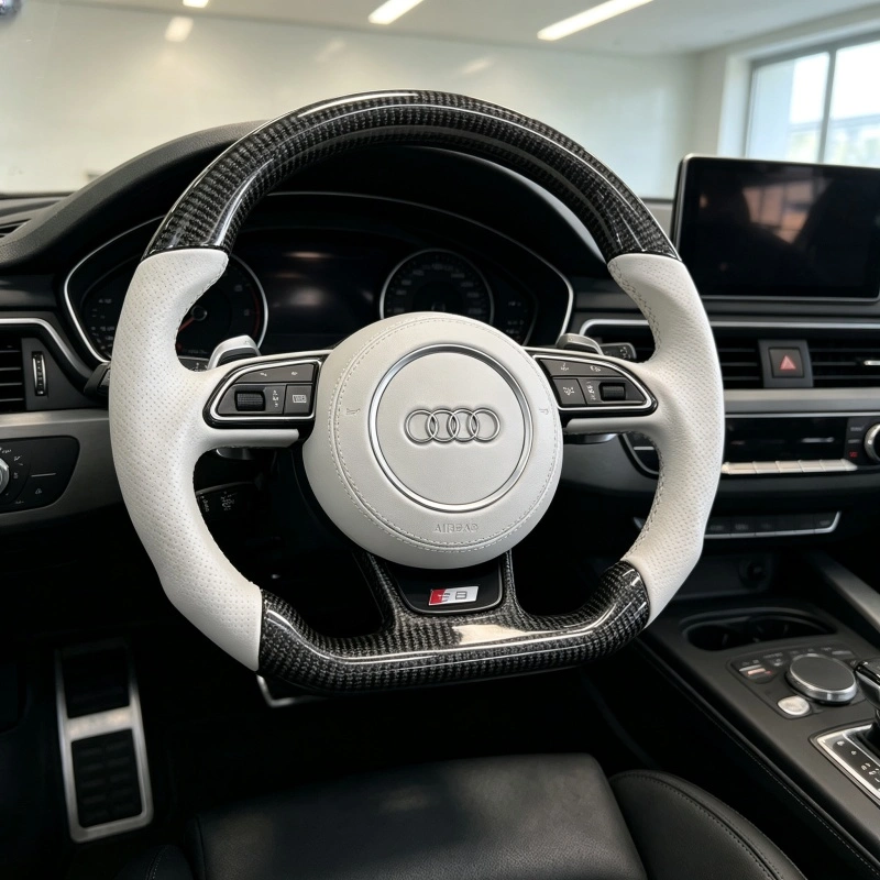 Real car installed two tone gloss carbon flat bottom white leather steering wheel sport mod for Audi A Q S RS models