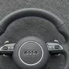 Nappa Leather Flat Bottom Steering Wheel Semi Perforated Grip Purple Contrast Stitch OEM Fit for Audi A8