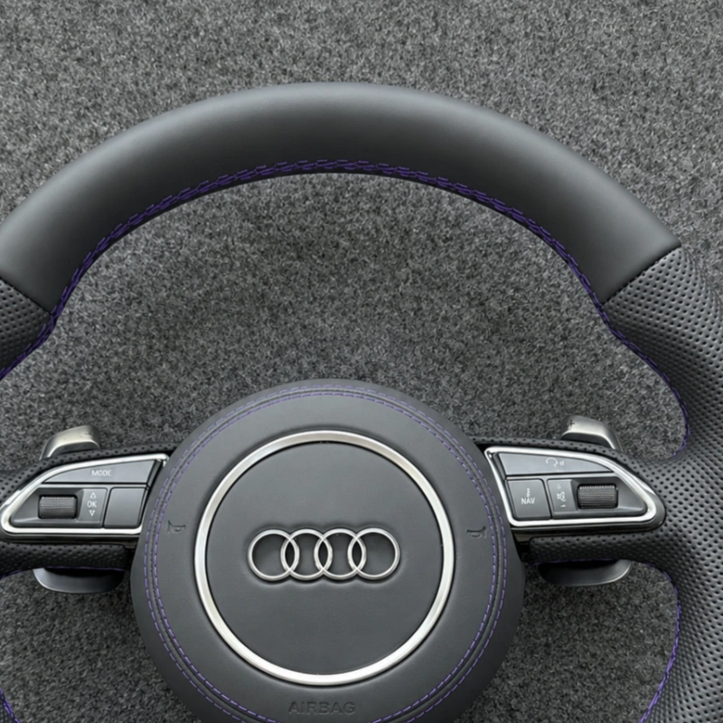 Nappa Leather Flat Bottom Steering Wheel Semi Perforated Grip Purple Contrast Stitch OEM Fit for Audi A8