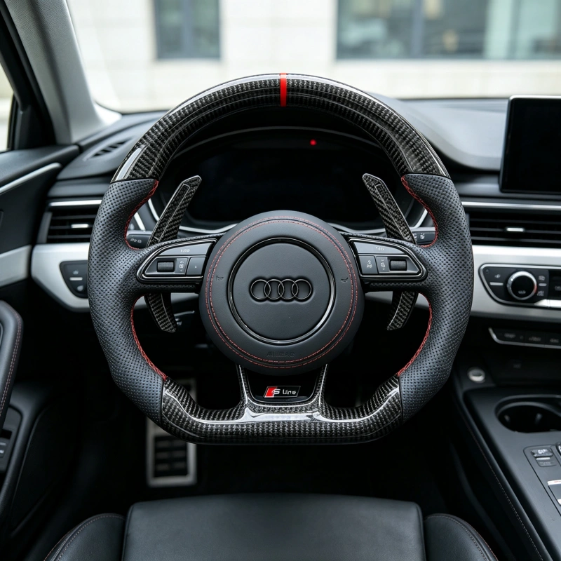 JIONX carbon fiber steering wheel installed cockpit upgrade for Audi A4 A5 Q5 S Line