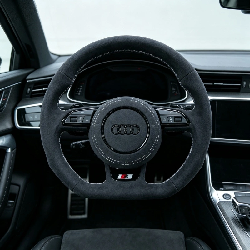 JIONX Alcantara suede performance steering wheel installed cockpit upgrade for Audi