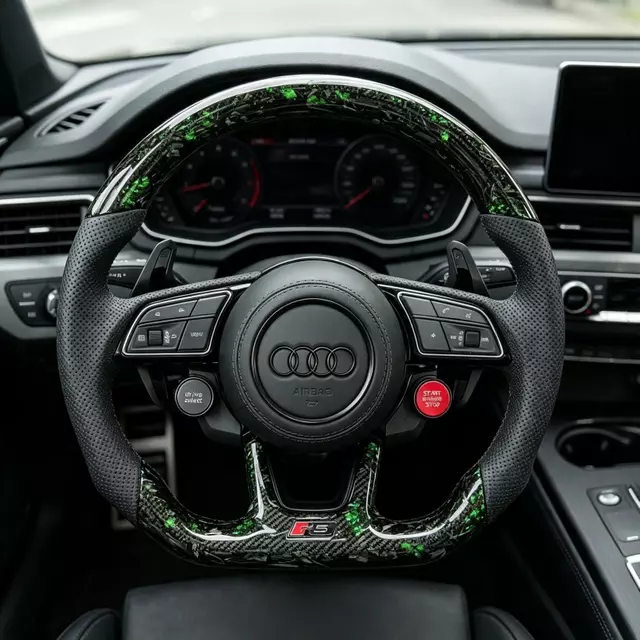 Green Flake Forged Carbon Fiber Steering Wheel Installed In Audi Interior View JIONX
