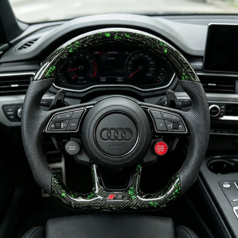 Green Flake Forged Carbon Fiber Steering Wheel Installed In Audi Interior View JIONX