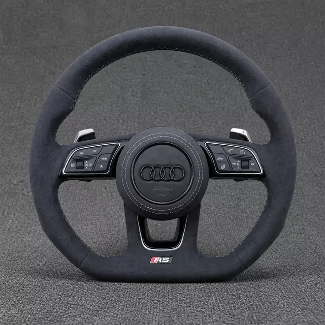 Custom Audi A4 A5 full Alcantara flat-bottom steering wheel with silver stitching, black Audi rings and paddles