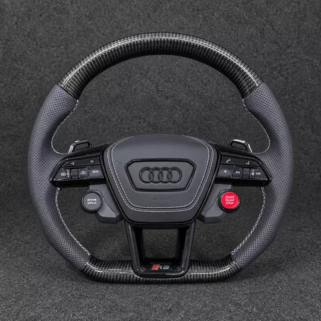 Audi A4 A5 carbon fiber wheel with perforated Nappa leather, white stitching and control dials