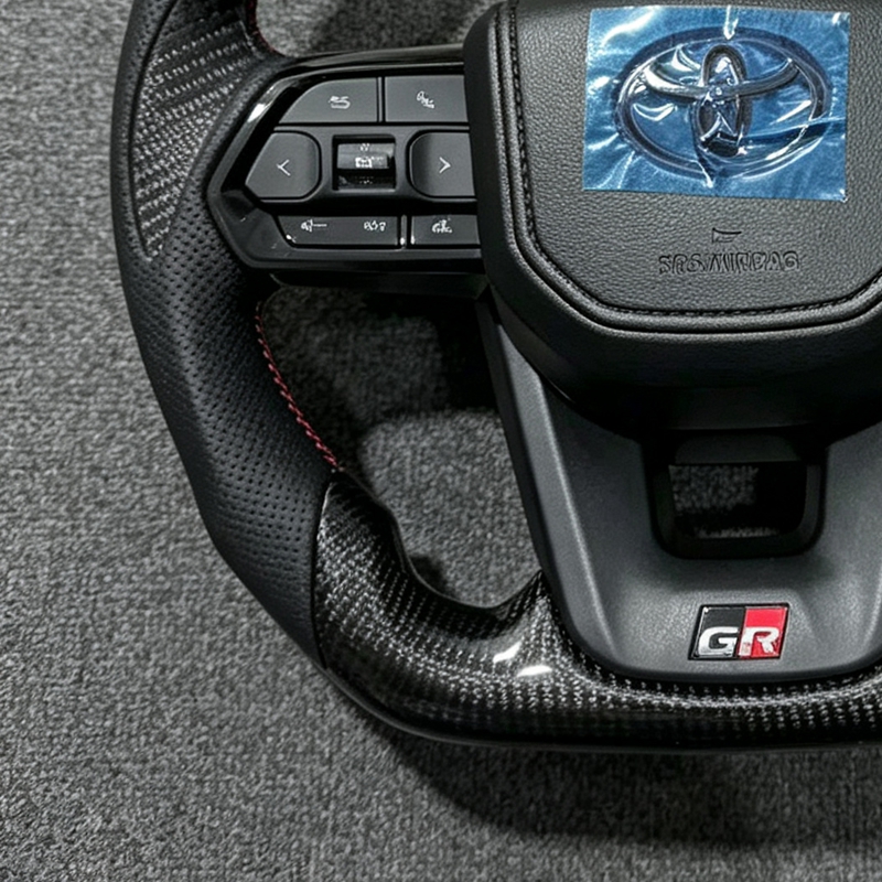 Toyota GR Style Sport Steering Wheel, Full Leather Multifunction Control for Land Cruiser Prado Hilux