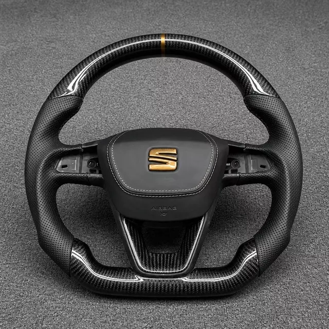 SEAT custom real carbon fiber flat bottom steering wheel with perforated leather