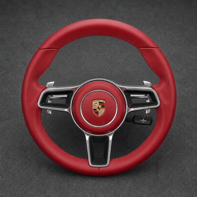Porsche 718 custom red Nappa leather steering wheel with silver trim and paddle shifters