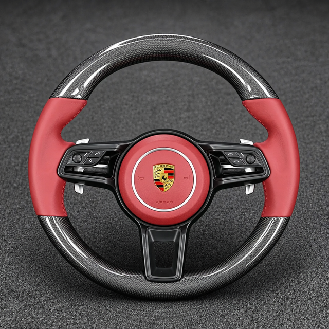 Porsche 911 custom real carbon fiber steering wheel with red Nappa leather grips and silver paddle shifters