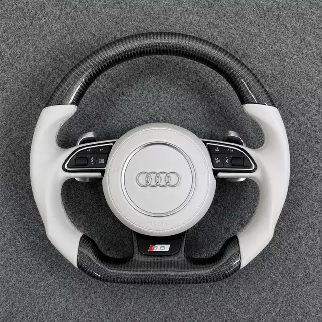 Gloss two tone carbon fiber flat bottom steering wheel with white leather grip sport upgrade fit Audi A3 A4 A5 A6 Q3 Q5 Q8 S RS