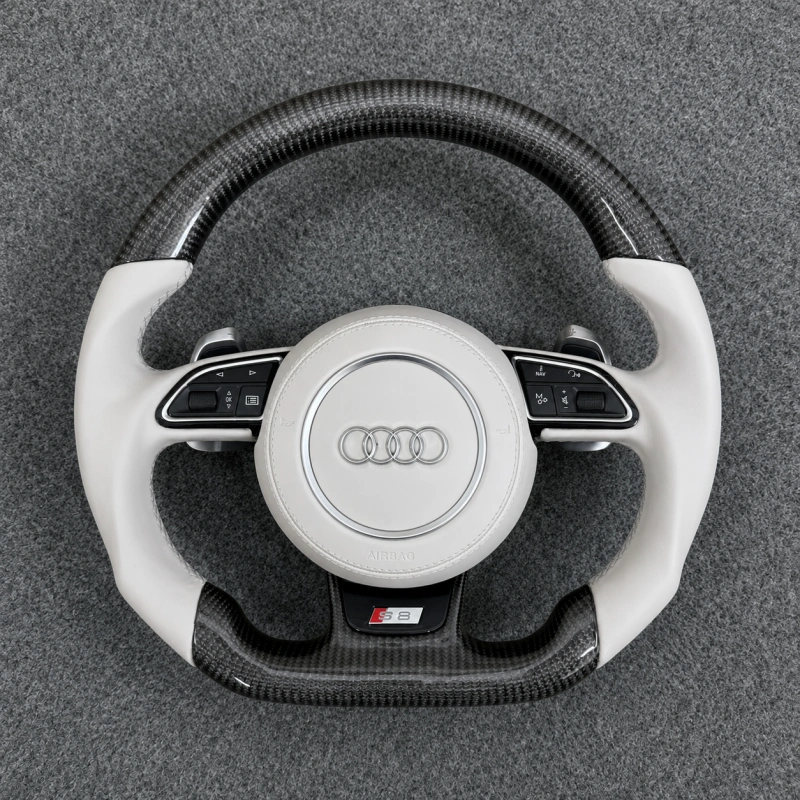 Gloss two tone carbon fiber flat bottom steering wheel with white leather grip sport upgrade fit Audi A3 A4 A5 A6 Q3 Q5 Q8 S RS
