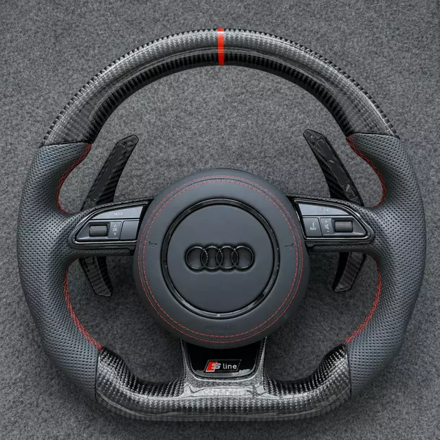JIONX S Line gloss carbon fiber flat bottom steering wheel fit Audi A4 A5 Q5 with perforated leather