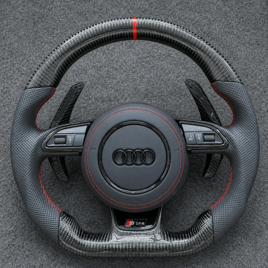 JIONX S Line gloss carbon fiber flat bottom steering wheel fit Audi A4 A5 Q5 with perforated leather