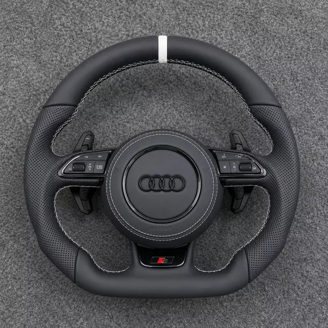 Custom Flat Bottom Sport Steering Wheel For Audi A3 A4 A5 A6 A7 S Line With White Stitch And White Top Marker JIONX