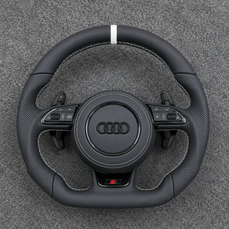 Custom Flat Bottom Sport Steering Wheel For Audi A3 A4 A5 A6 A7 S Line With White Stitch And White Top Marker JIONX
